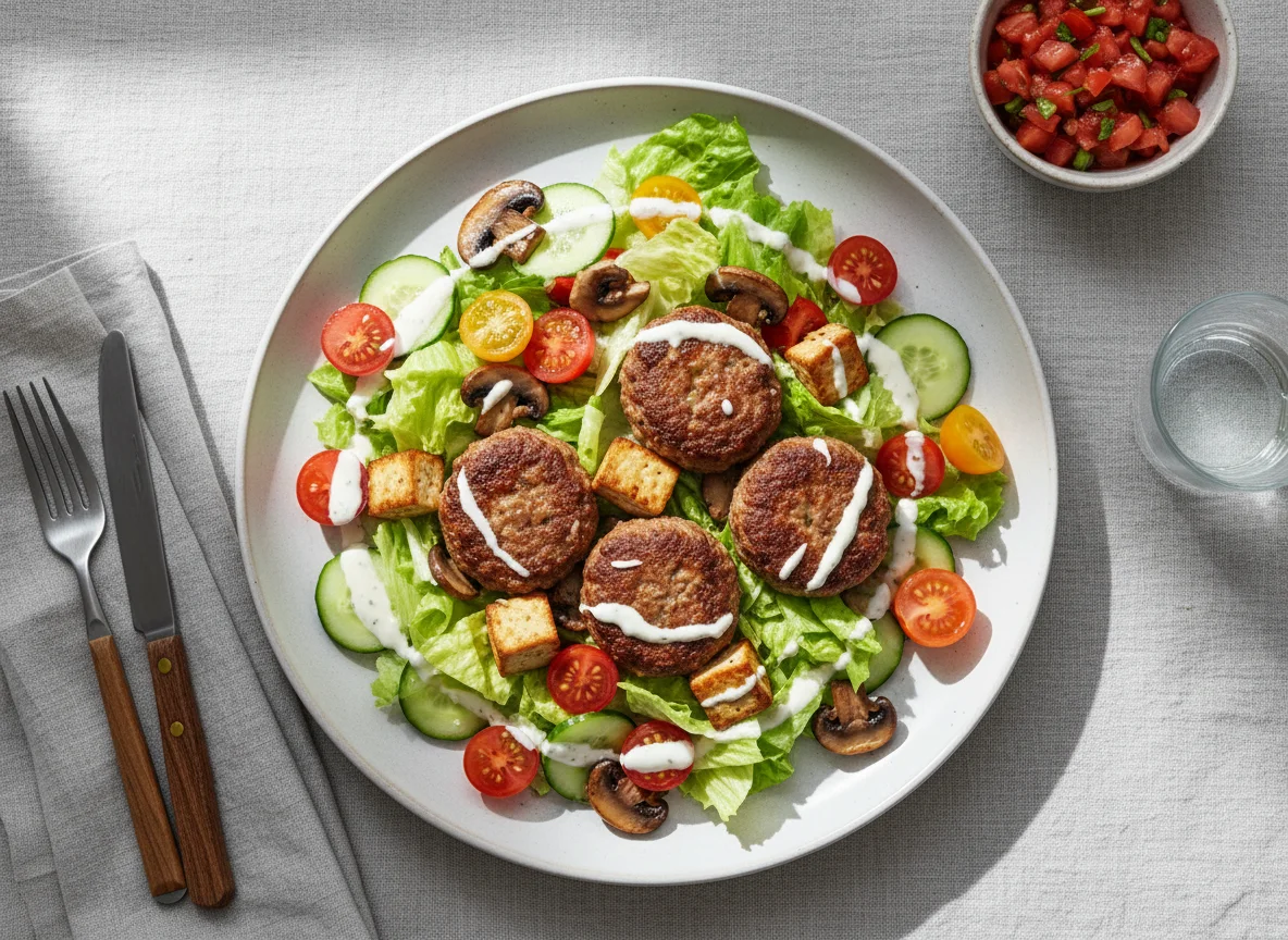 Salat mit Pilzen, Tofu und Frikadellen mit Tomatensalsa photo