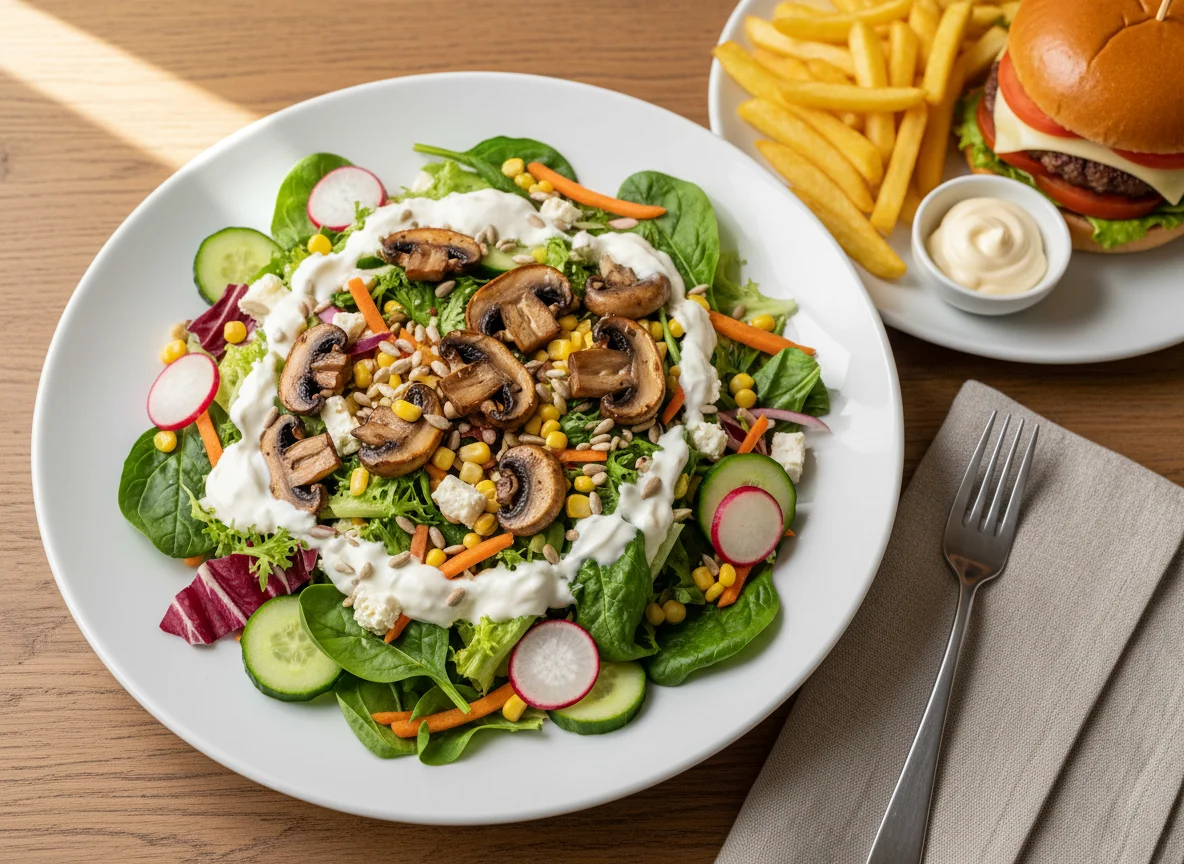 Salat mit Pilzen und Dressing photo