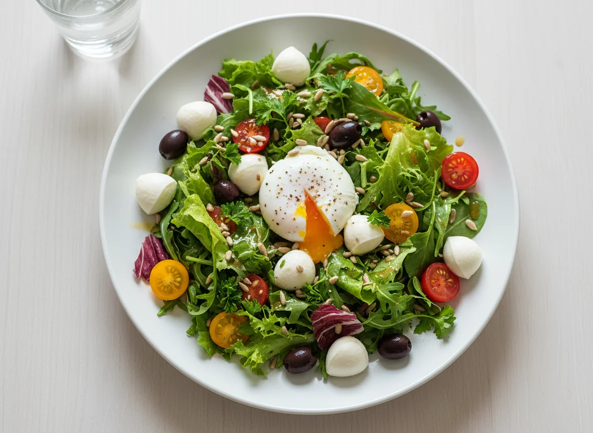 Salat mit pochiertem Ei und Mozzarella photo