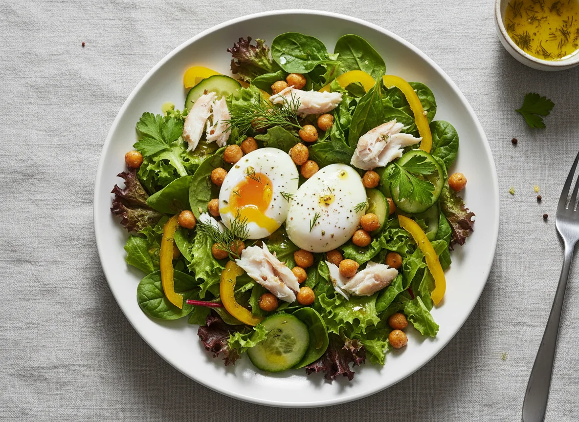 Salat mit pochierten Eiern, Kichererbsen und Fisch photo