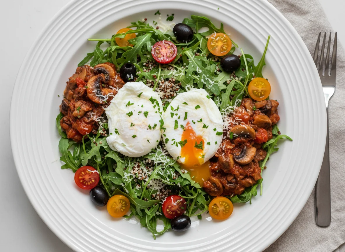 Salat mit pochierten Eiern und Quinoa photo