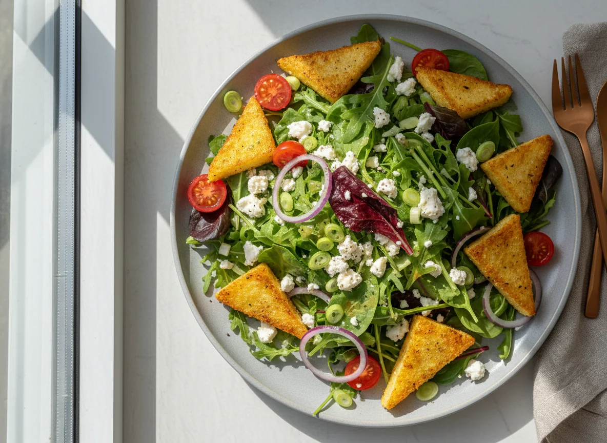 Salat mit Polenta-Ecken und Feta photo