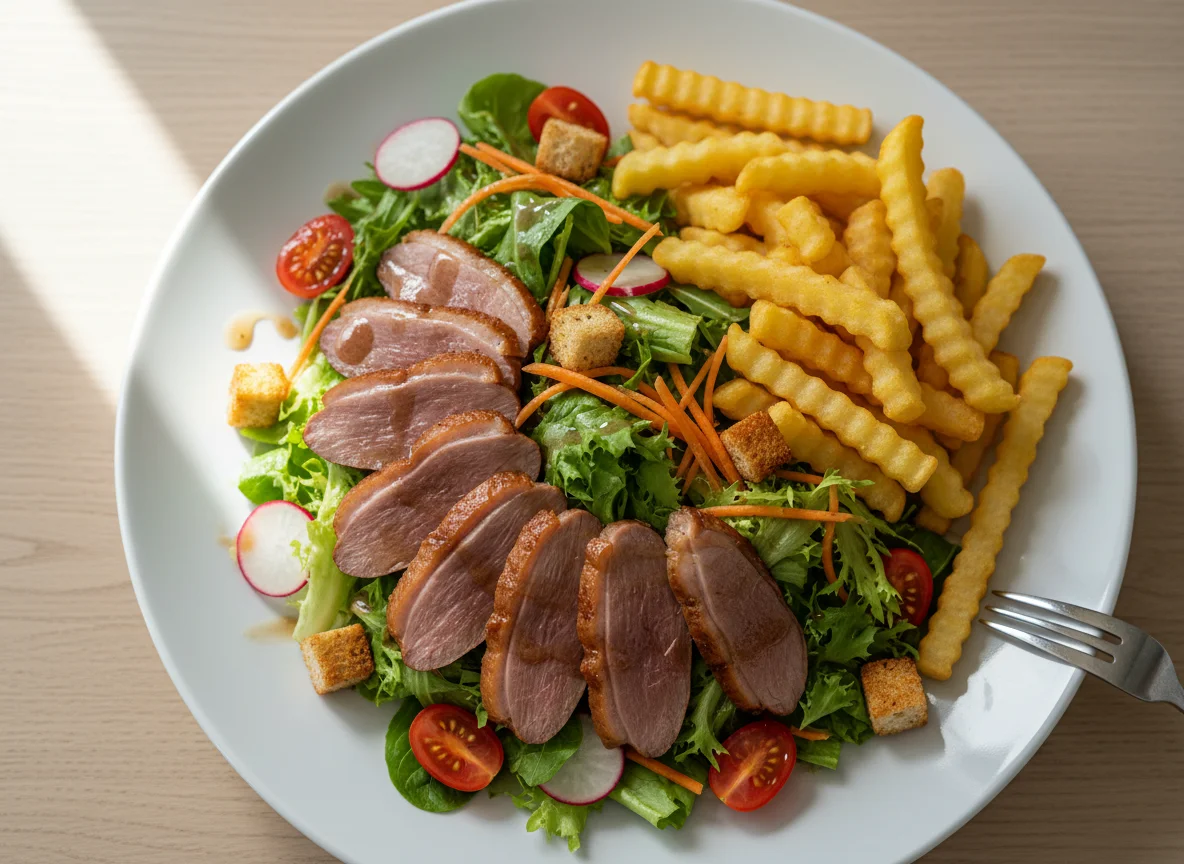 Salat mit Pommes Frites und Entenbrust photo