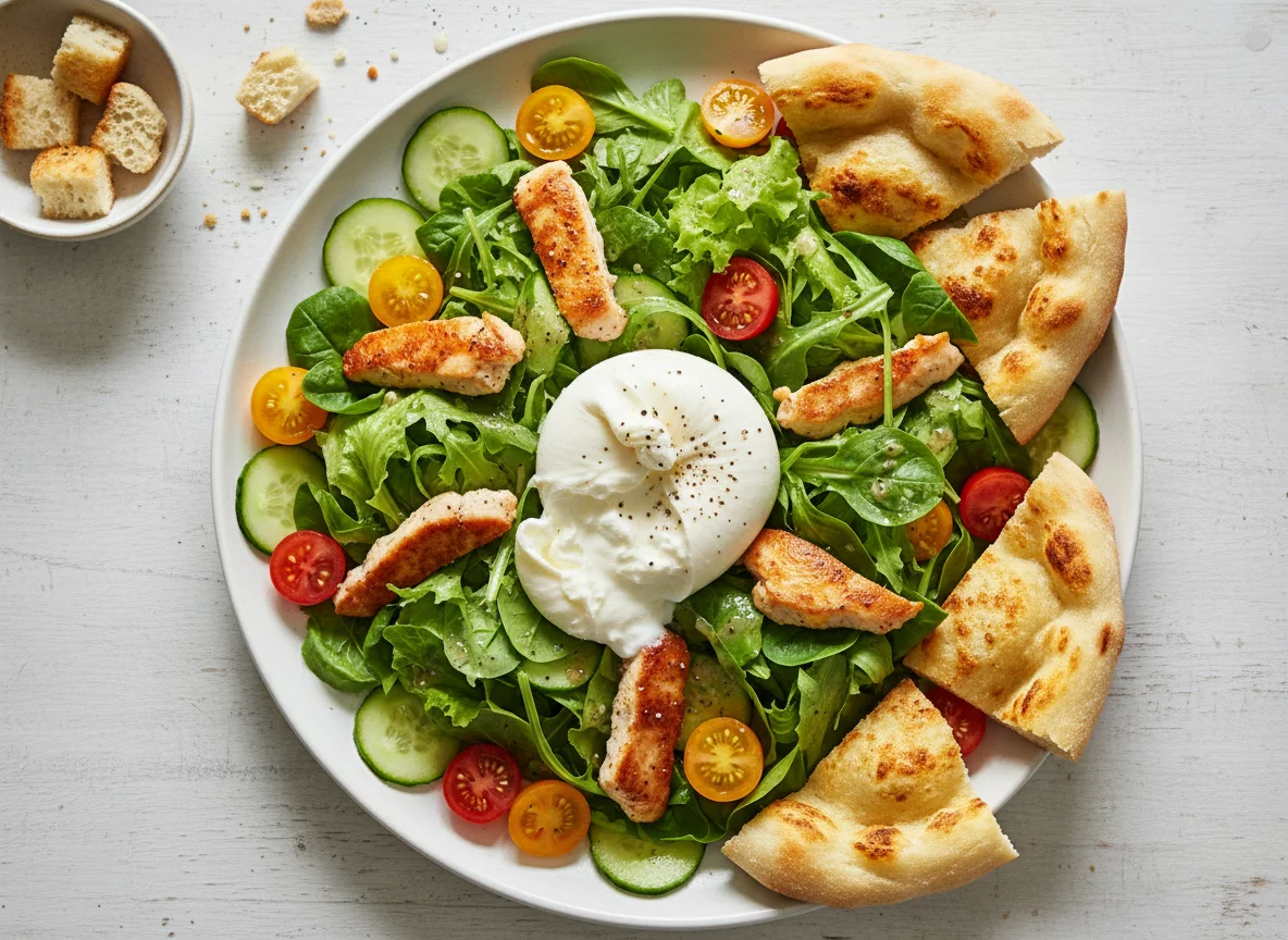 Salat mit Poulet, Burrata und Pizzabrot photo