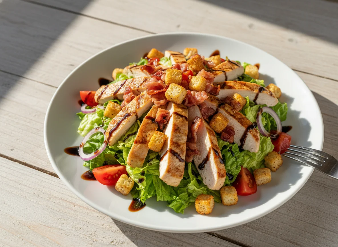 Salat mit Poulet, Speck und Croutons photo