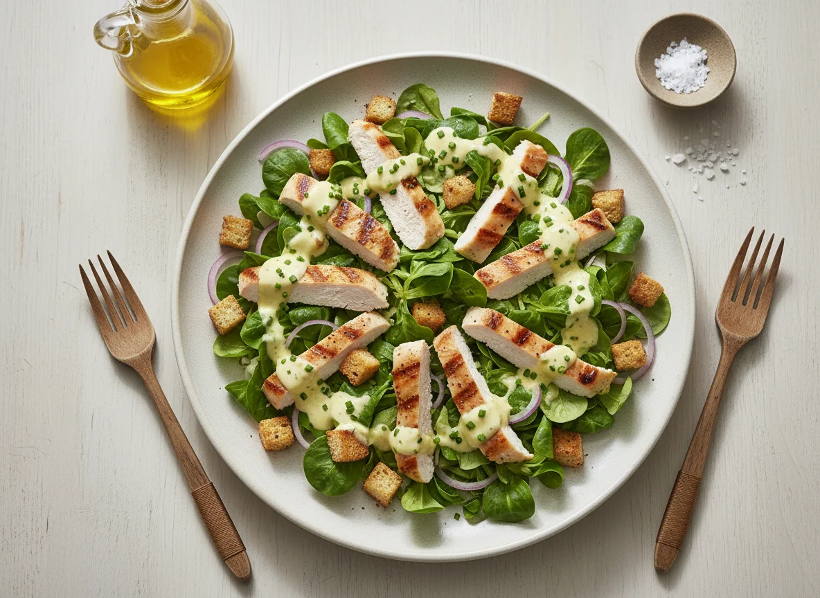 Salat mit Poulet und Dressing photo