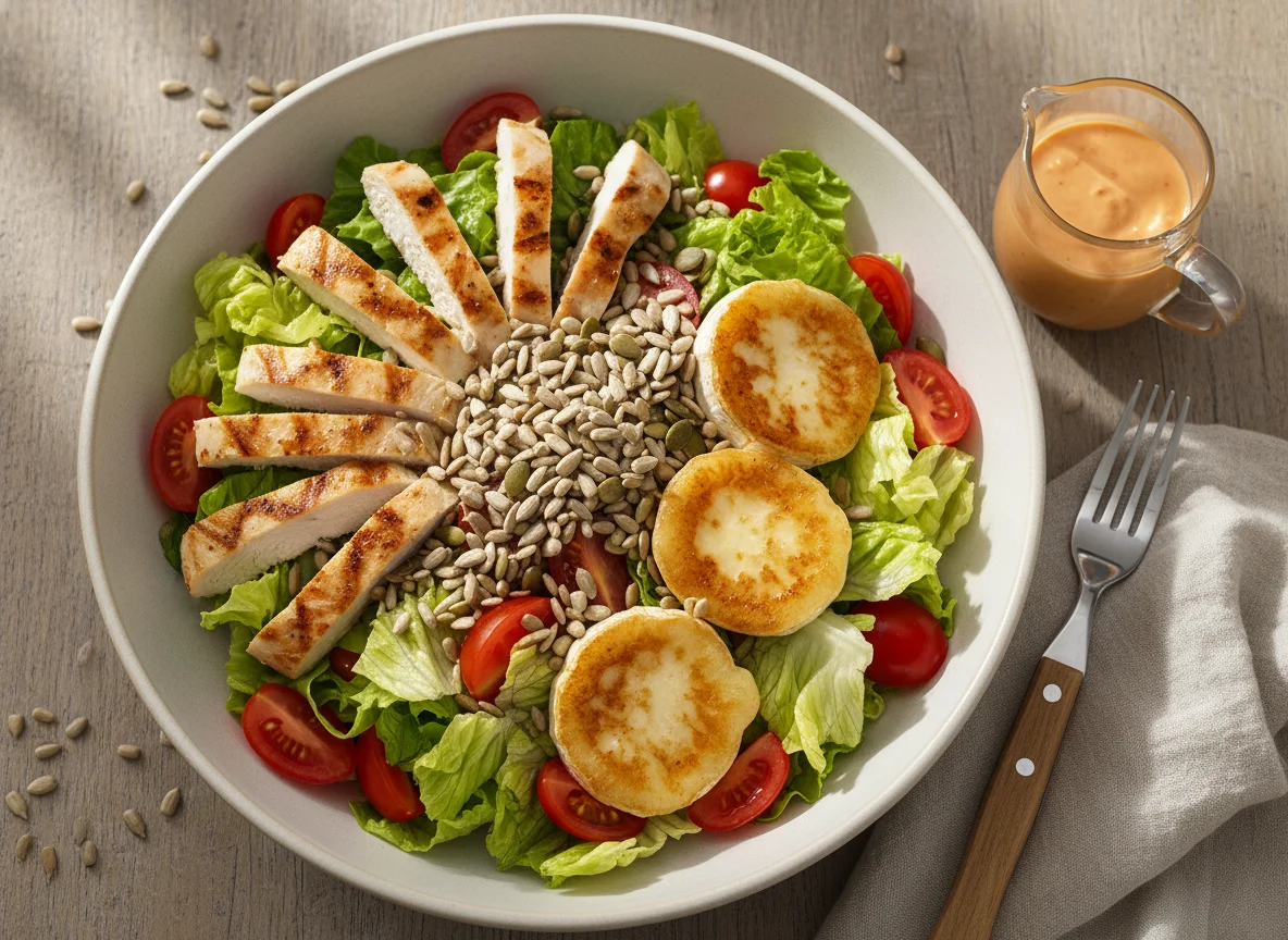 Salat mit Poulet, Ziegenkäse und Tomaten photo