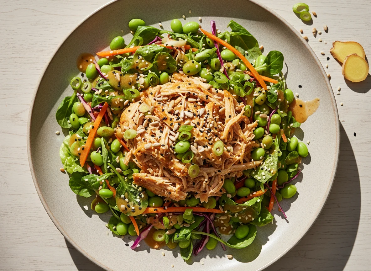 Salat mit Pulled Chicken, Edamame und Sesam-Ingwer-Vinaigrette photo