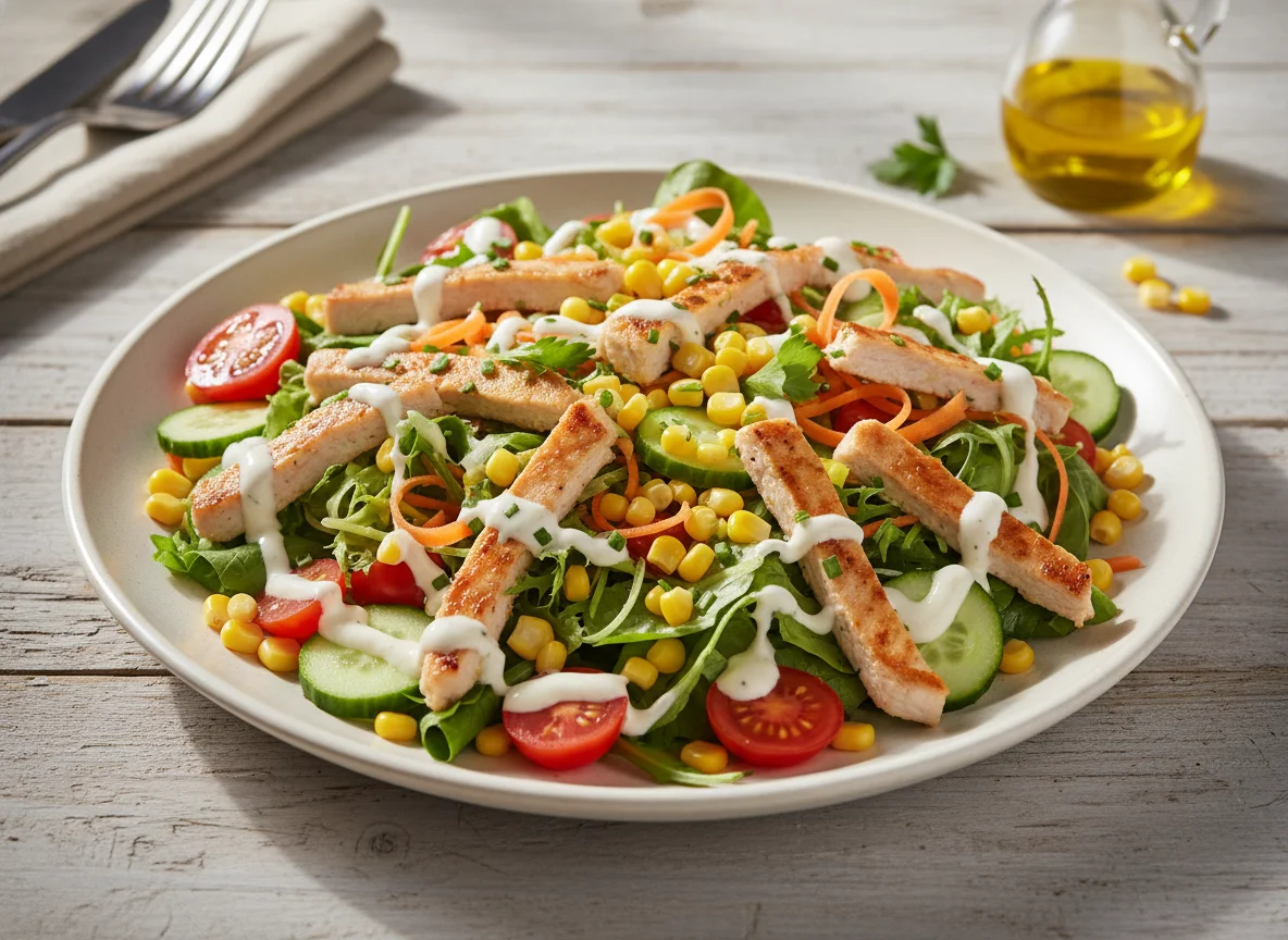 Salat mit Putengeschnetzeltem und Dressing photo
