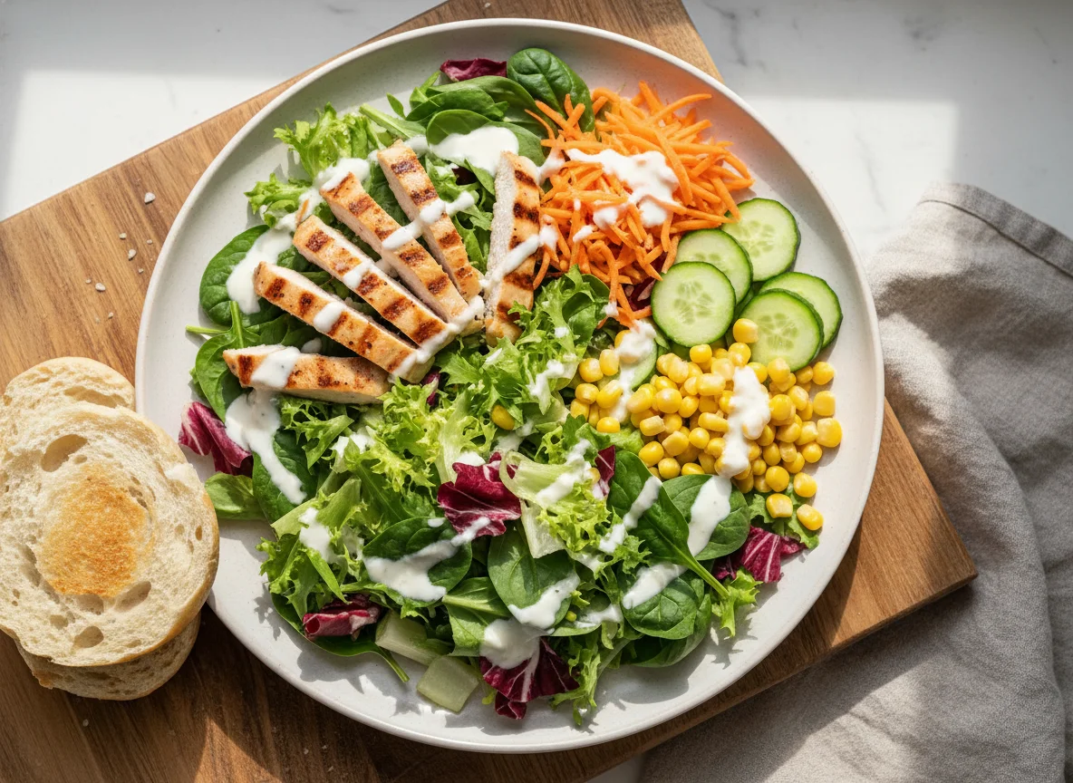 Salat mit Putenstreifen und Brötchen photo