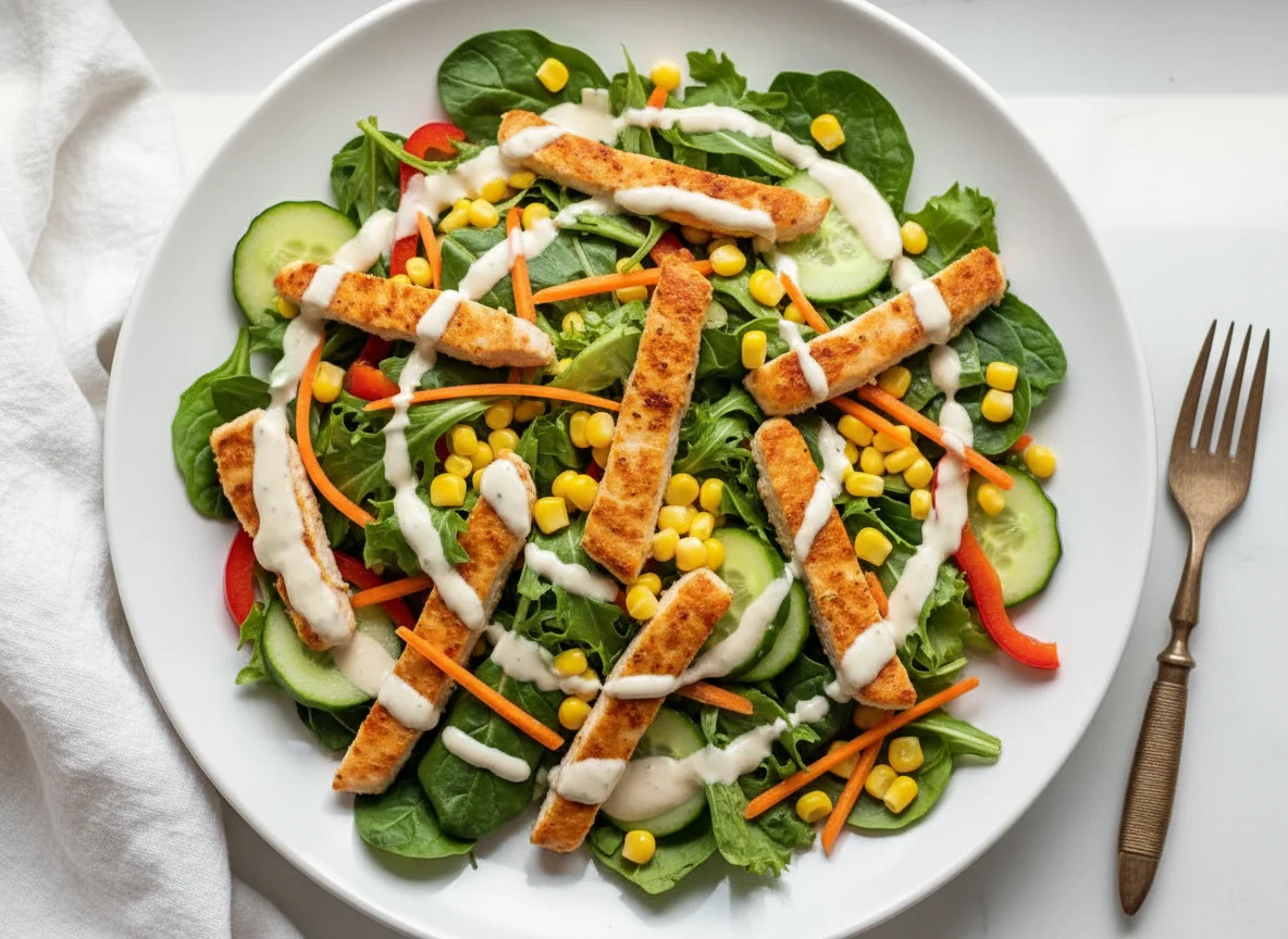 Salat mit Putenstreifen und Dressing photo