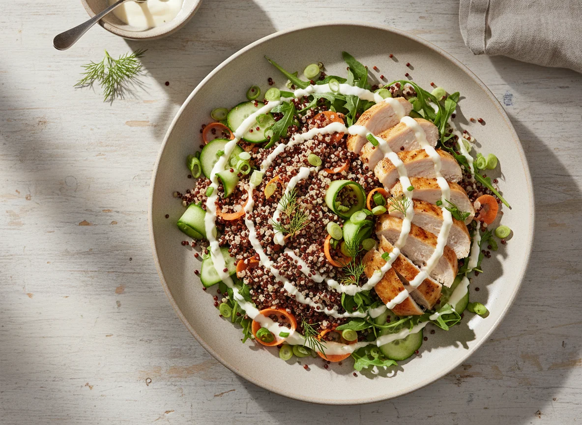 Salat mit Quinoa-Bulgur-Mix, Huhn und Mayonnaise-Dressing photo