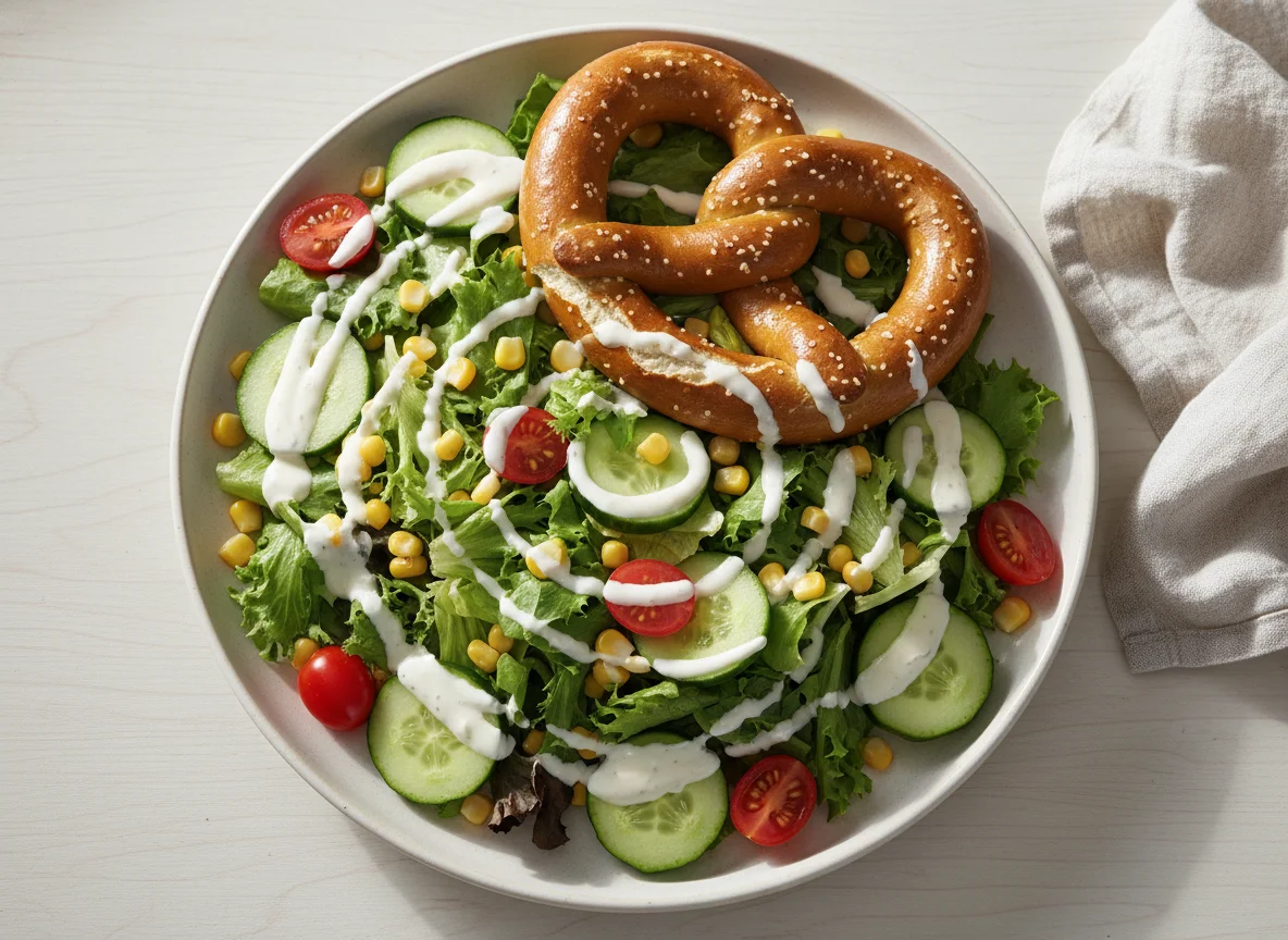 Salat mit Ranch-Dressing und Brezel photo