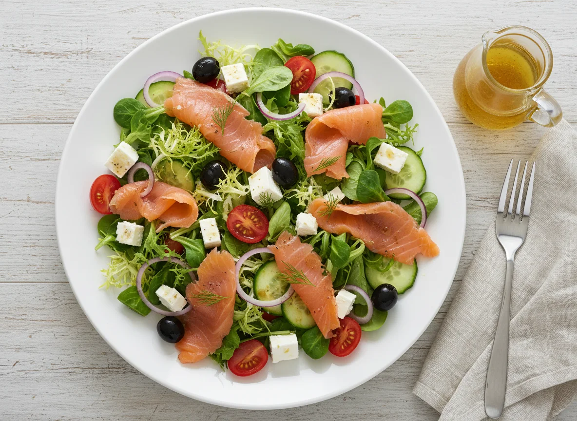 Salat mit Räucherlachs und Feta photo