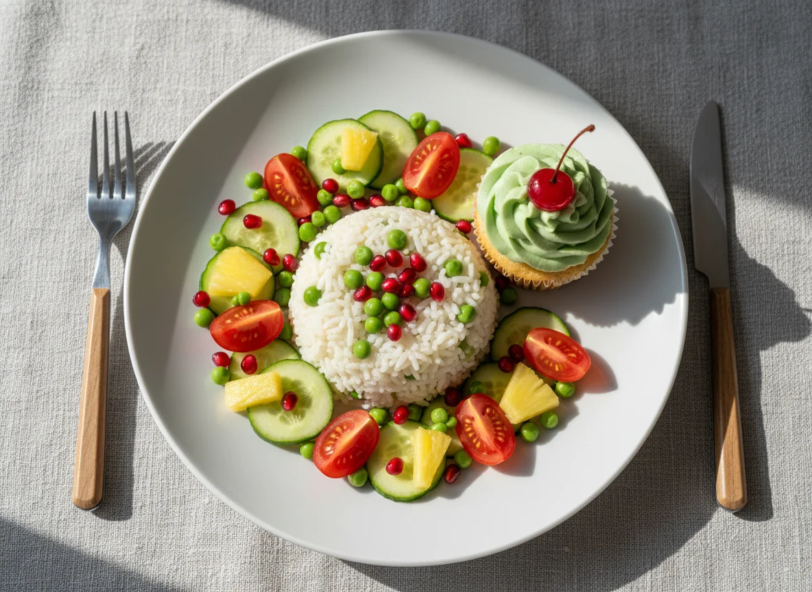 Salat mit Reis und Cupcake photo
