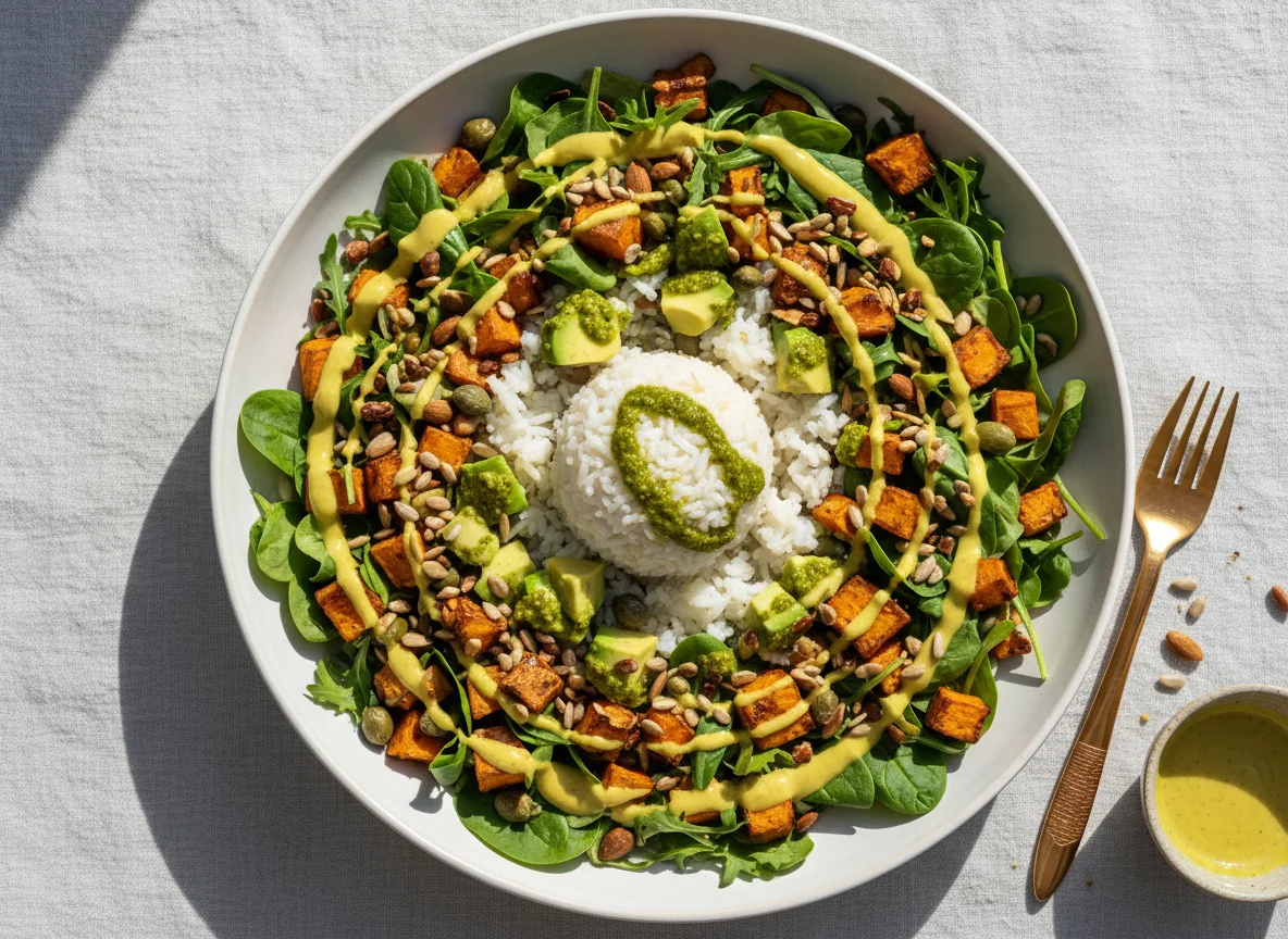 Salat mit Reis und Dressing photo