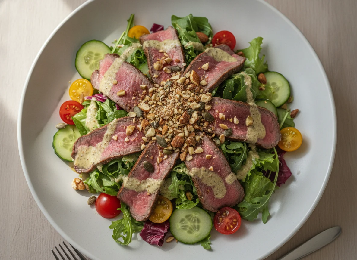 Salat mit Rinderfilet und Dressing photo