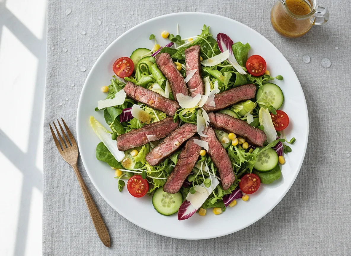Salat mit Rinderfiletstreifen und Parmesan photo