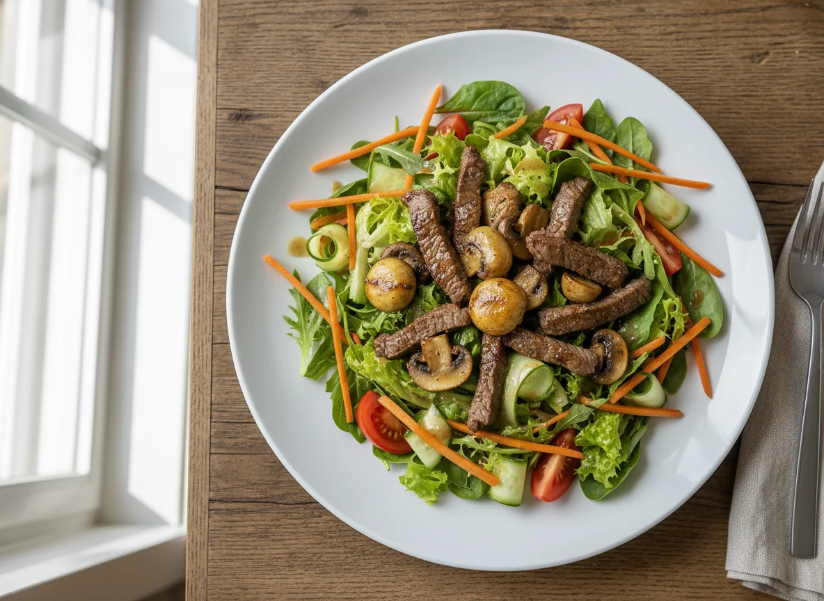 Salat mit Rinderstreifen und Pilzen photo