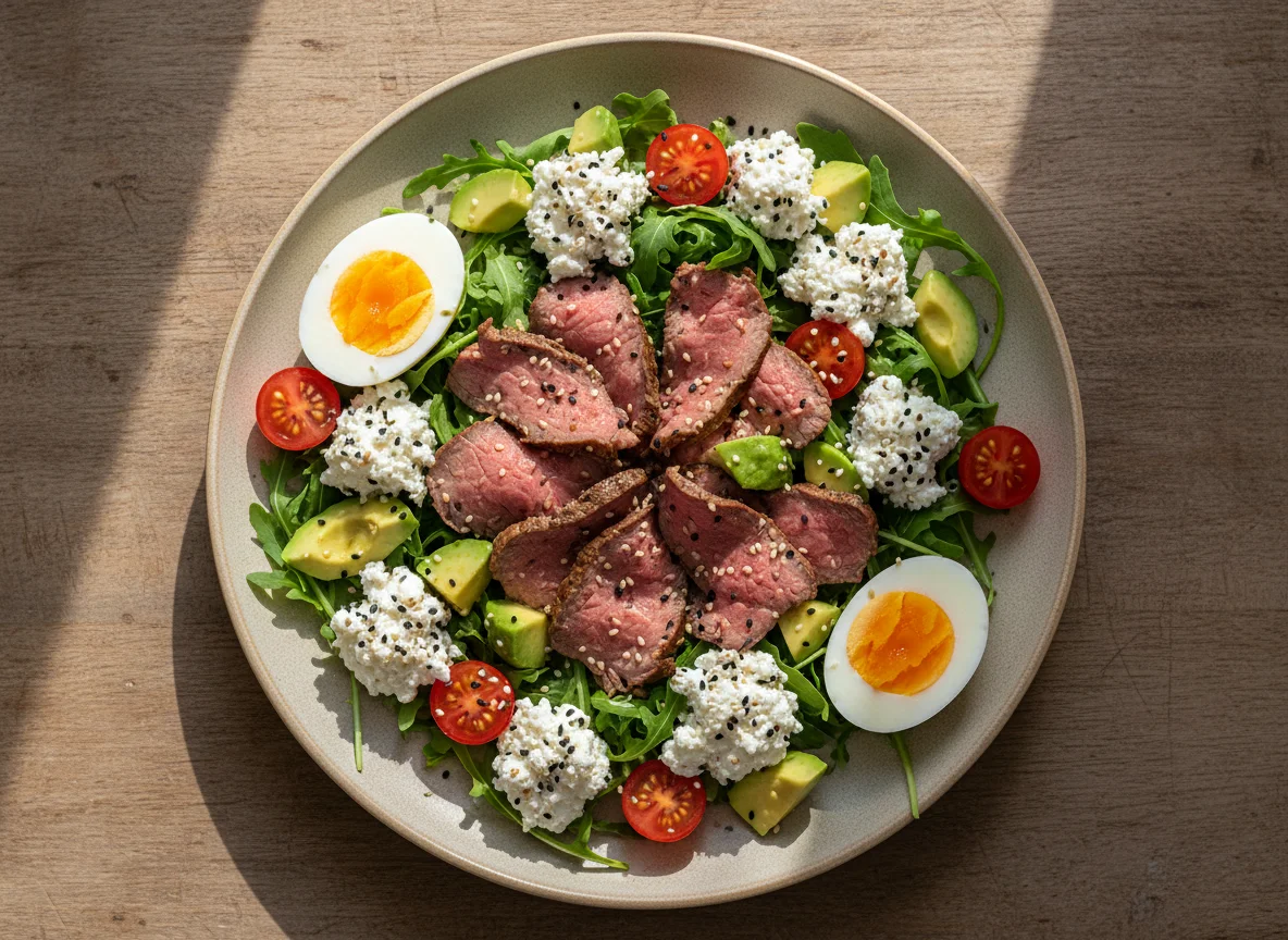 Salat mit Rindfleisch, Avocado und Ei photo