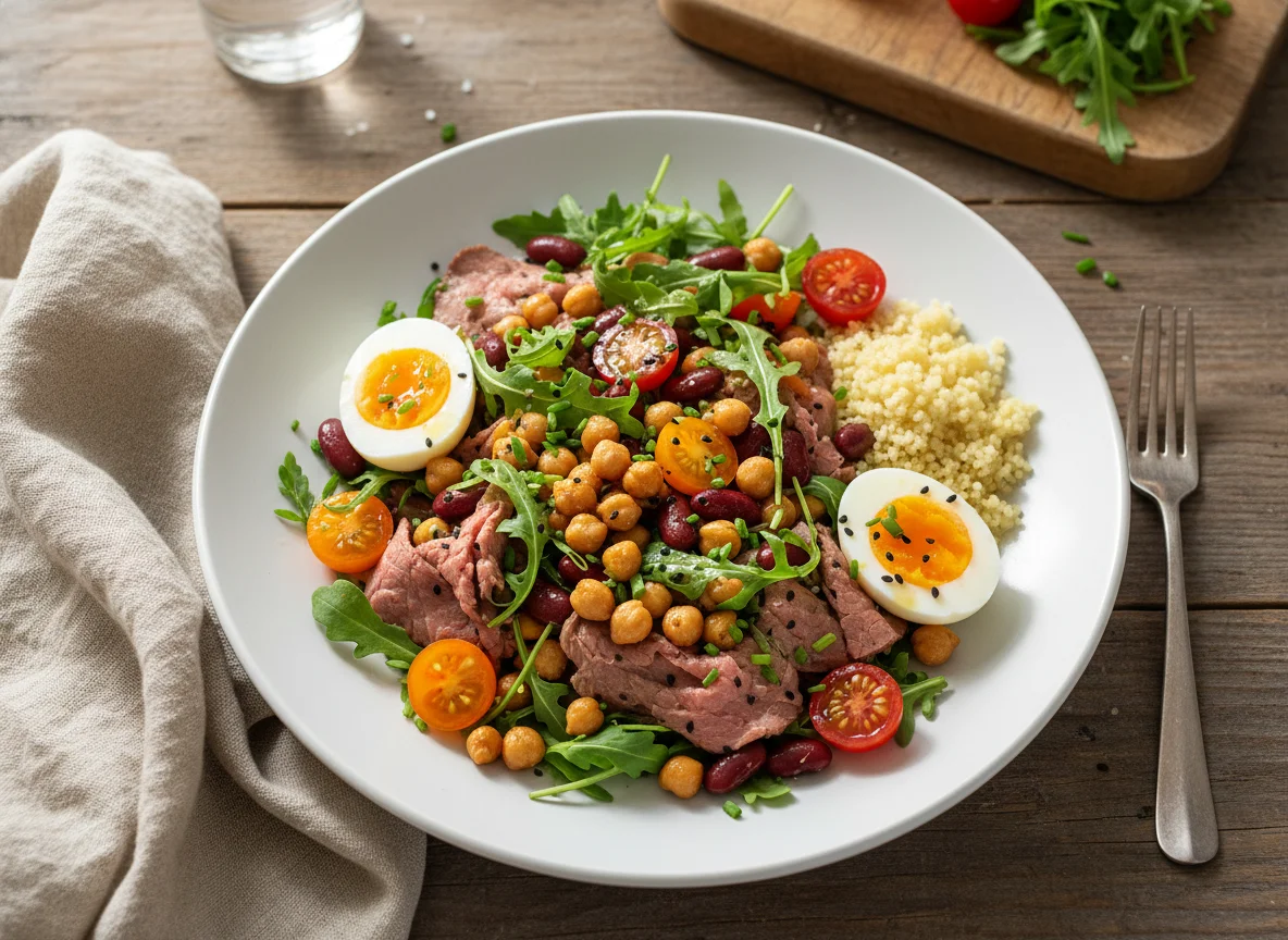 Salat mit Rindfleisch, Eiern und Kichererbsen photo