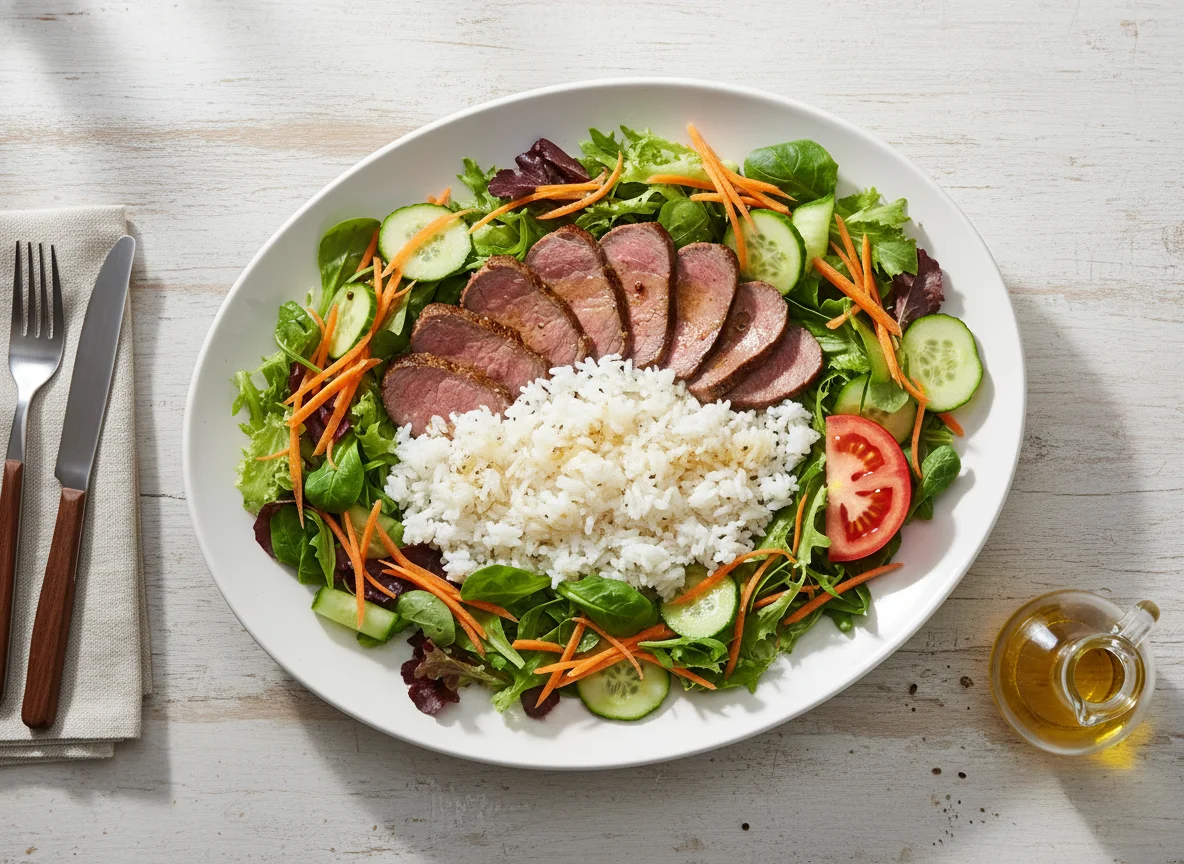 Salat mit Rindfleisch und Reis photo
