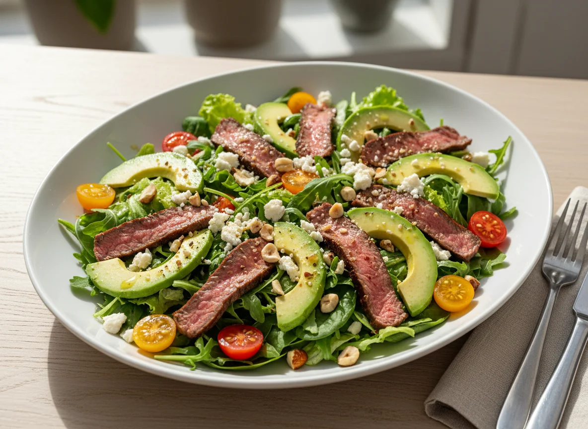 Salat mit Rindfleischstreifen und Avocado photo
