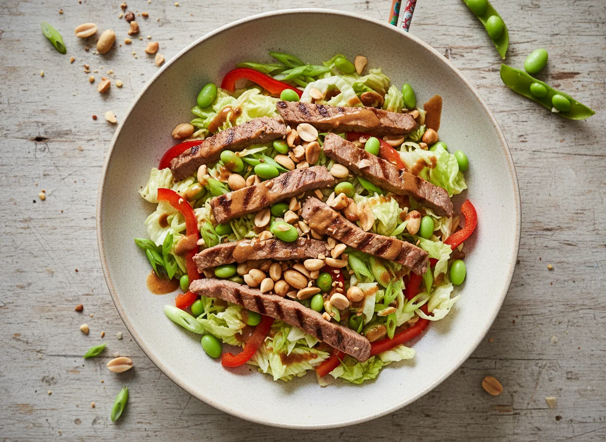 Salat mit Rindfleischstreifen und Erdnüssen photo