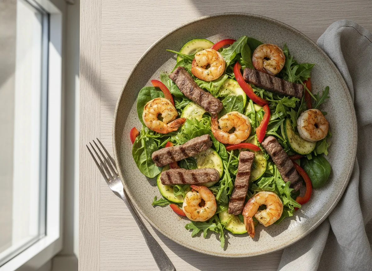 Salat mit Rindfleischstreifen und Garnelen photo