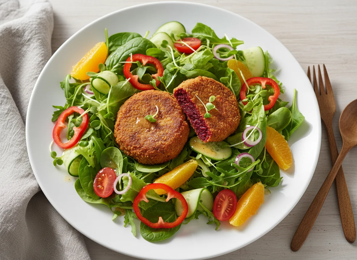 Salat mit Rote-Bete-Patties und Orangen photo