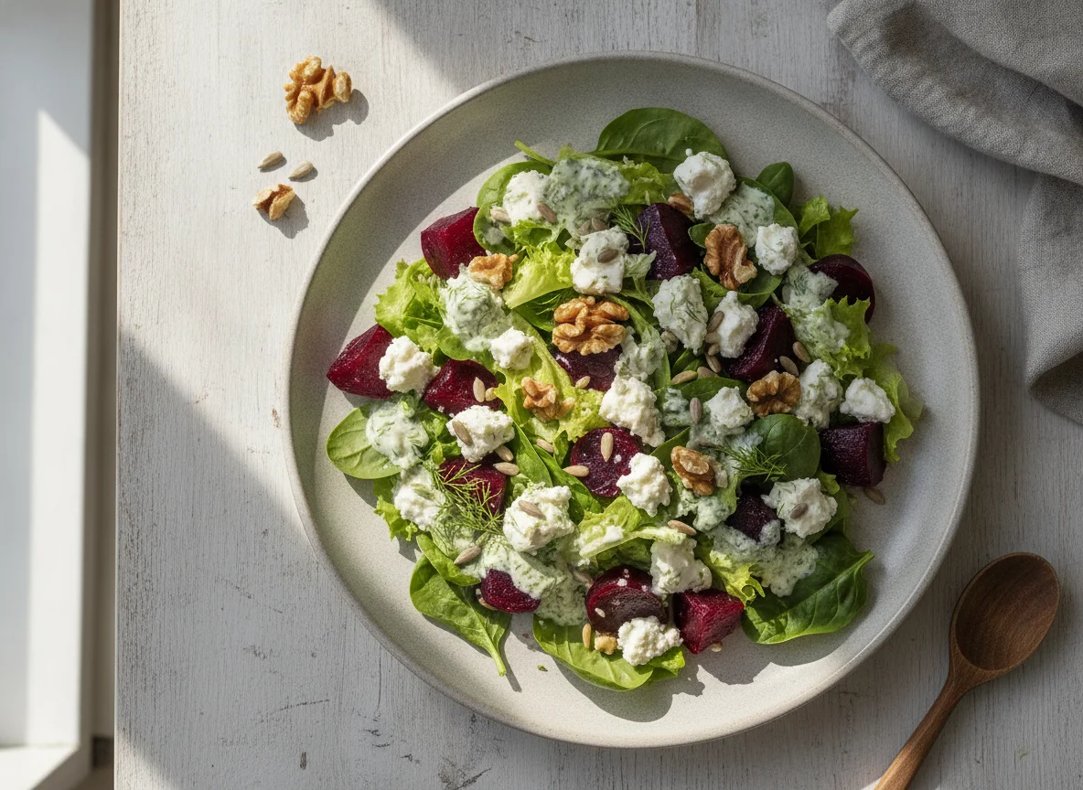 Salat mit Roter Bete, Feta, Walnüssen und Sonnenblumenkernen photo