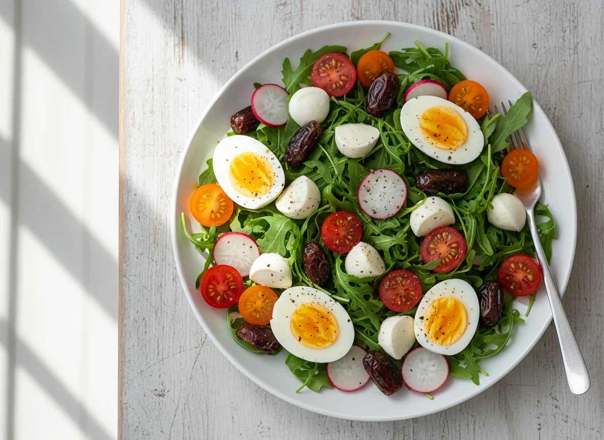 Salat mit Rucola, Ei, Radieschen, Tomaten und Datteln photo