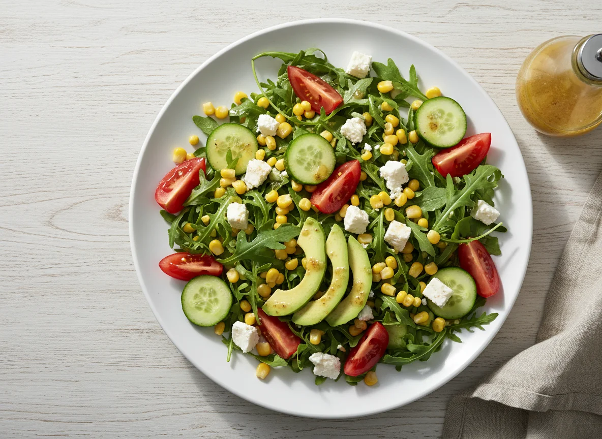 Salat mit Rucola, Mais, Feta und Avocado photo