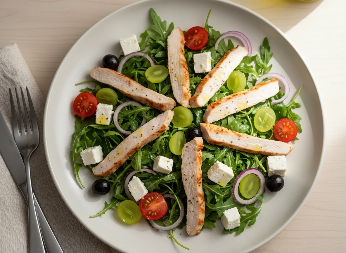 Salat mit Rucola, Trauben, Feta, Tomaten, Zwiebeln und Putenbrust photo