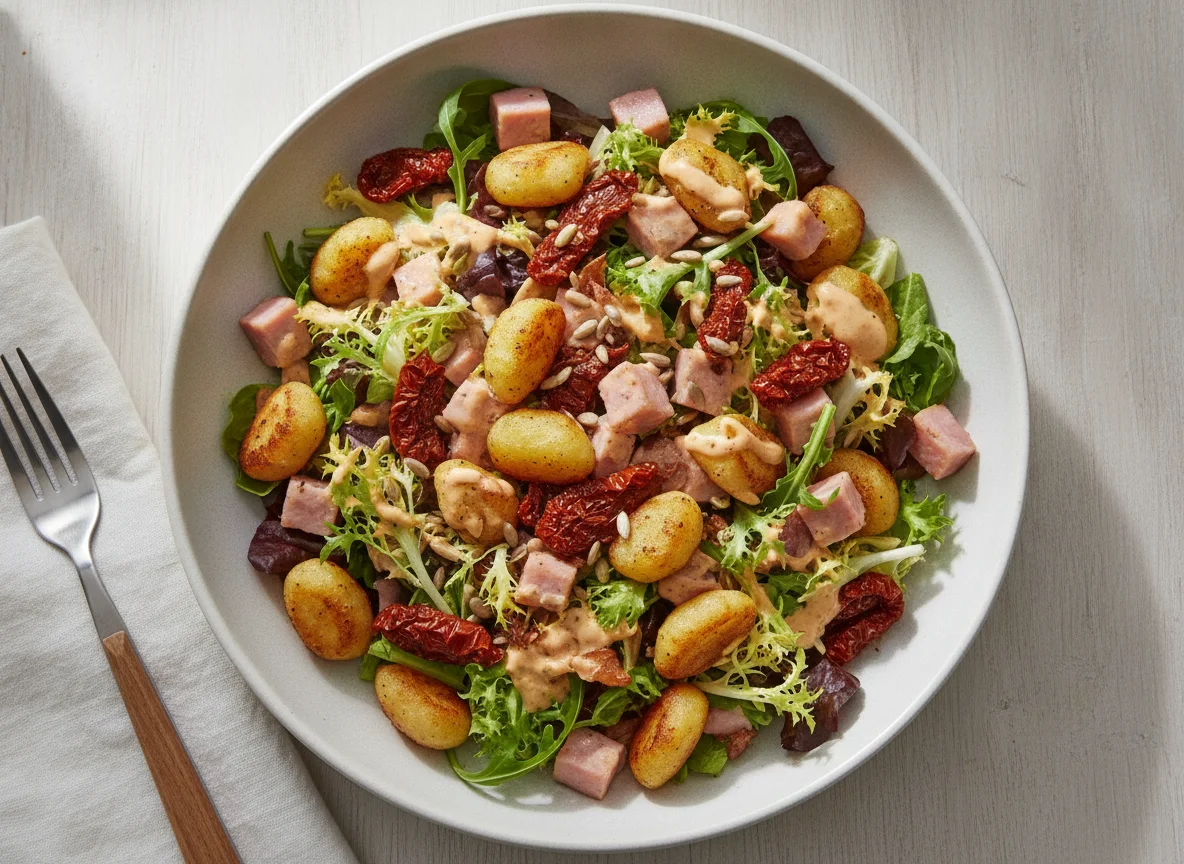 Salat mit Schinken, Gnocchi und getrockneten Tomaten photo