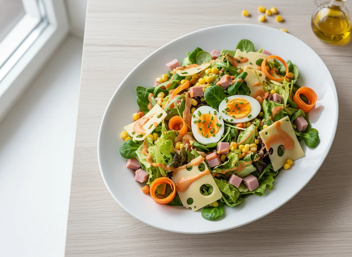 Salat mit Schinken, Käse und Ei photo