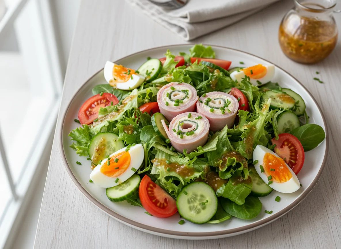 Salat mit Schinken-Käse-Röllchen und Ei photo