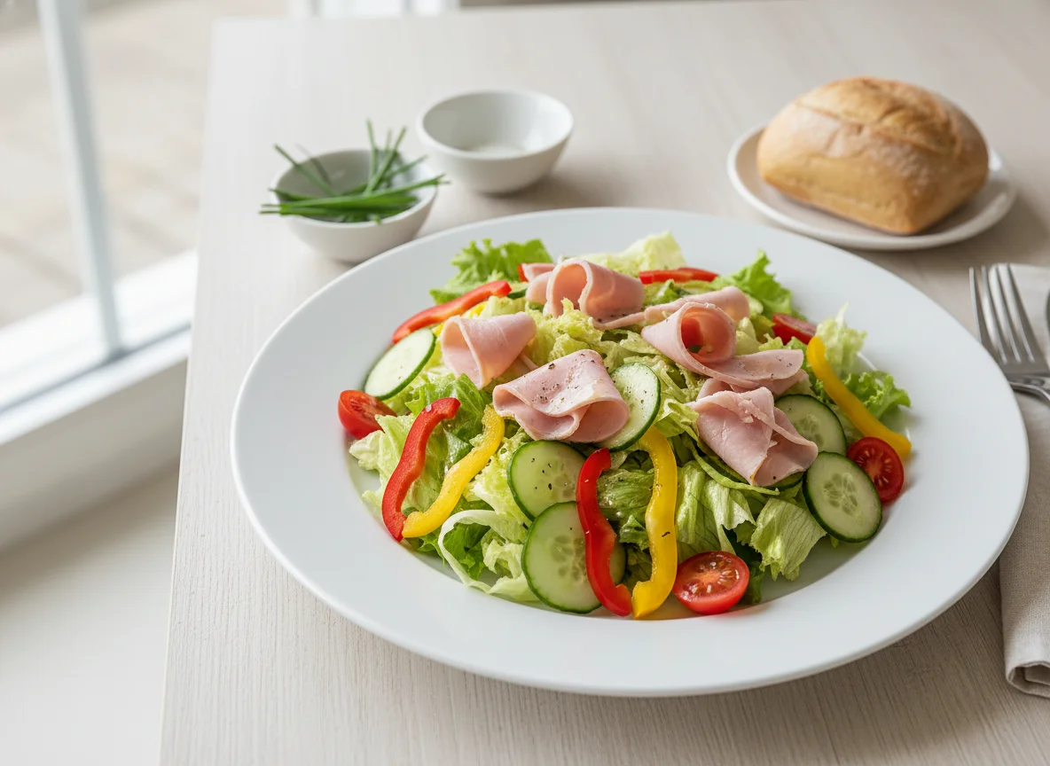 Salat mit Schinkenstreifen und Gemüse photo