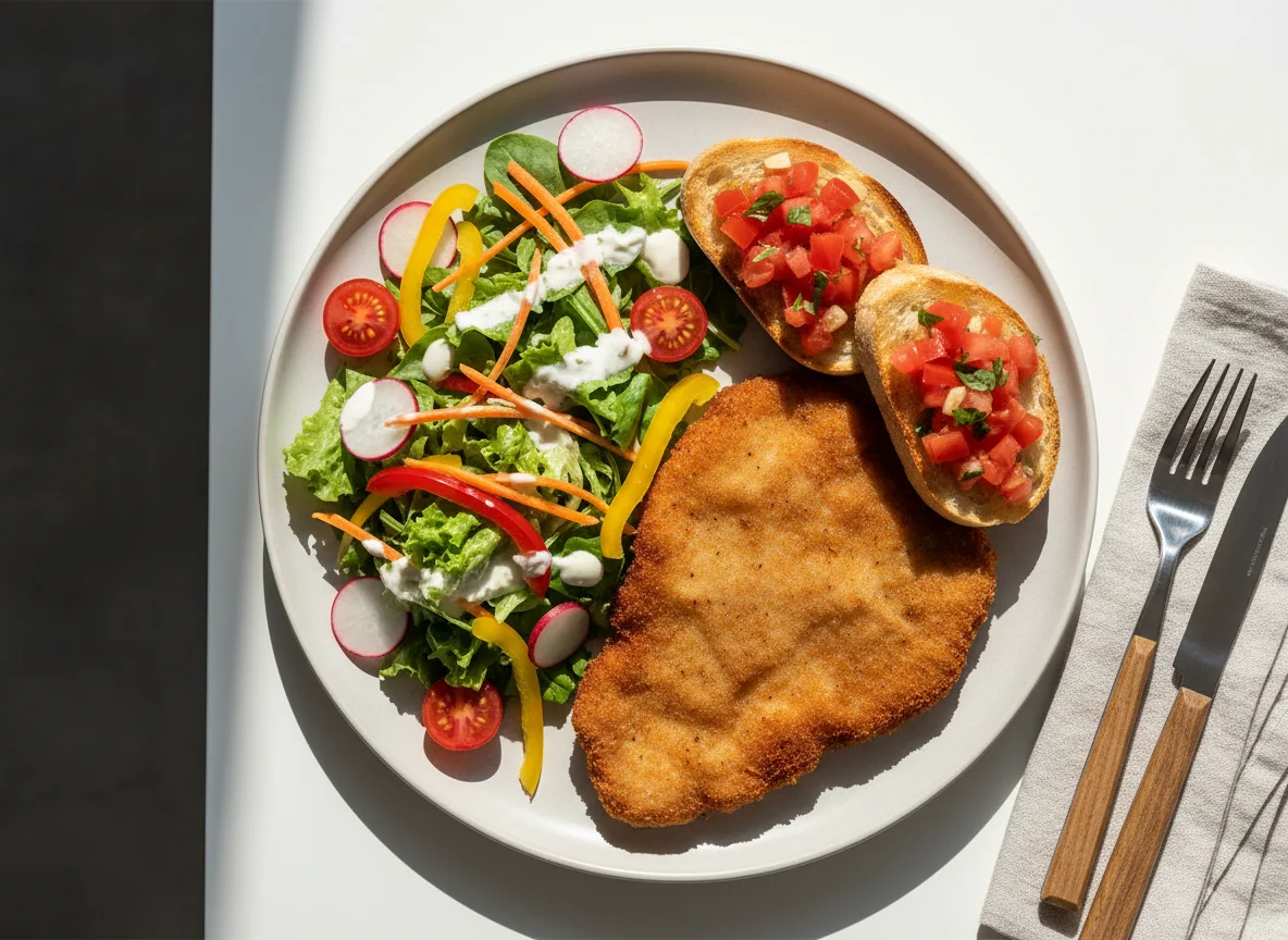 Salat mit Schnitzel und Bruschetta photo