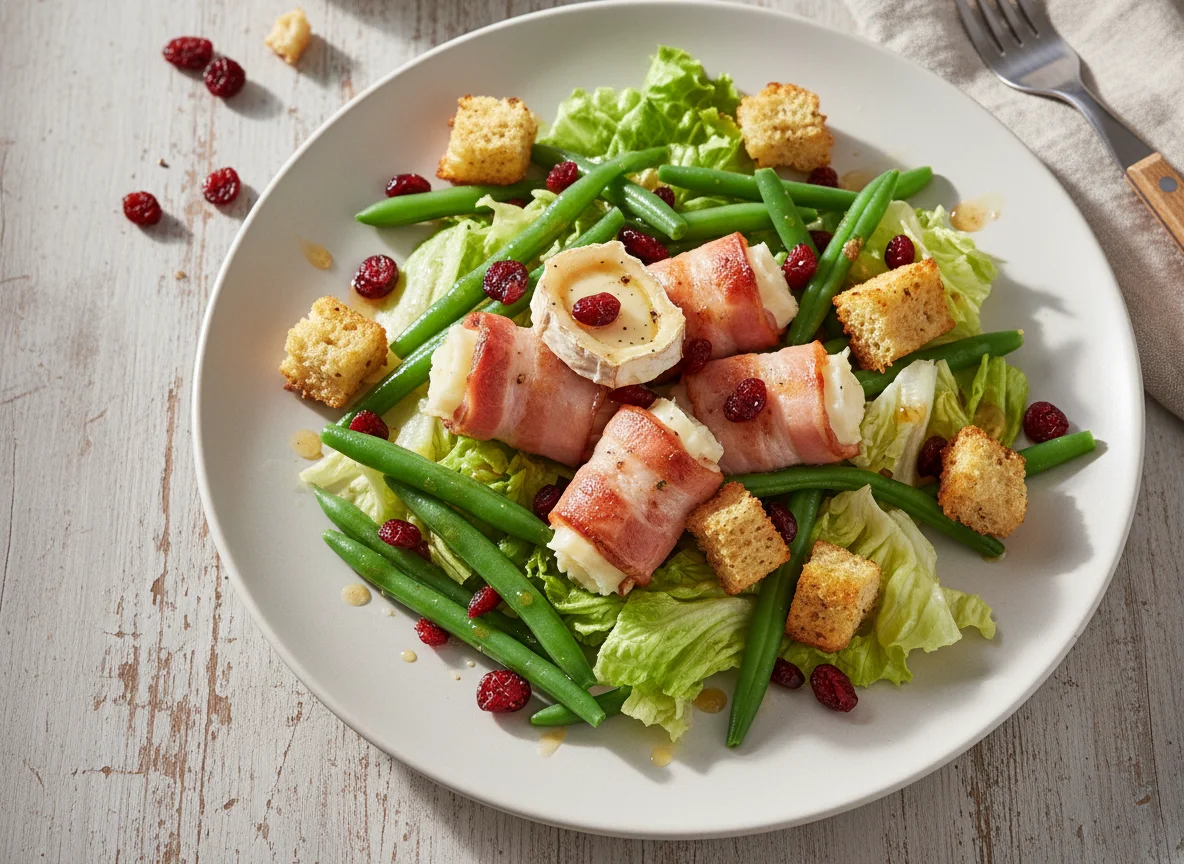 Salat mit Speck, Bohnen und Croutons photo