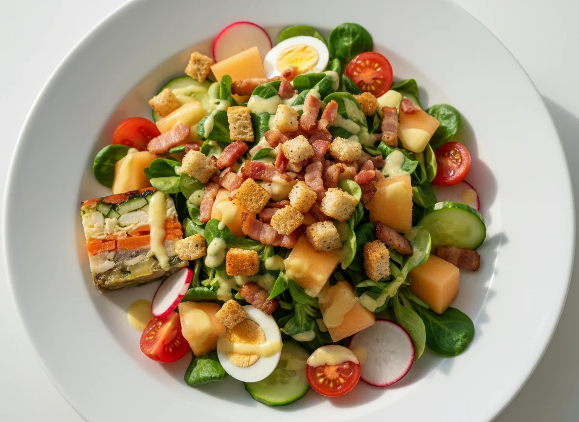 Salat mit Speck, Croutons und Melone photo