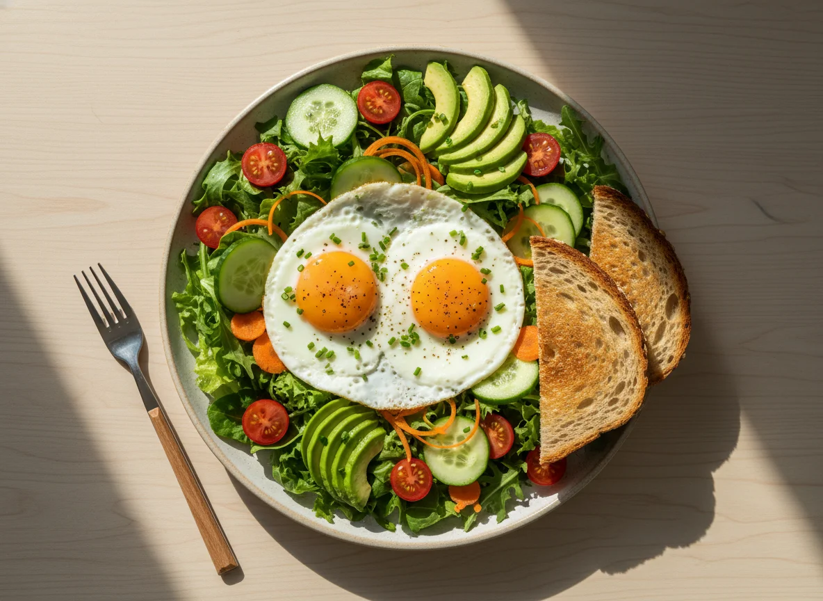 Salat mit Spiegelei, Avocado und Toast photo