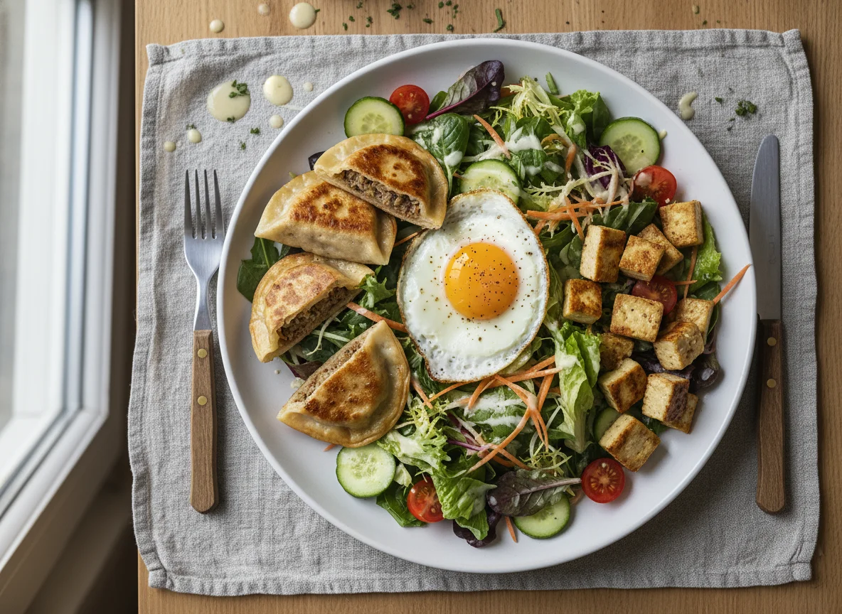 Salat mit Spiegelei, Maultaschen und Tofu photo
