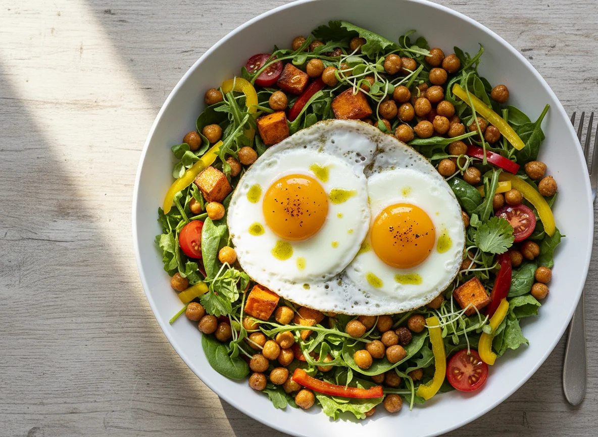 Salat mit Spiegeleiern und Kichererbsen photo