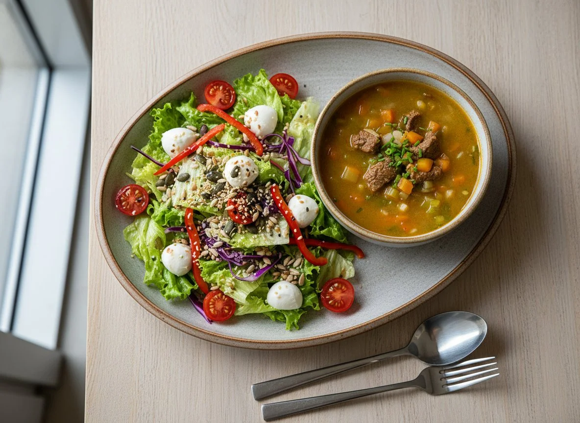 Salat mit Suppe und Mozzarella photo