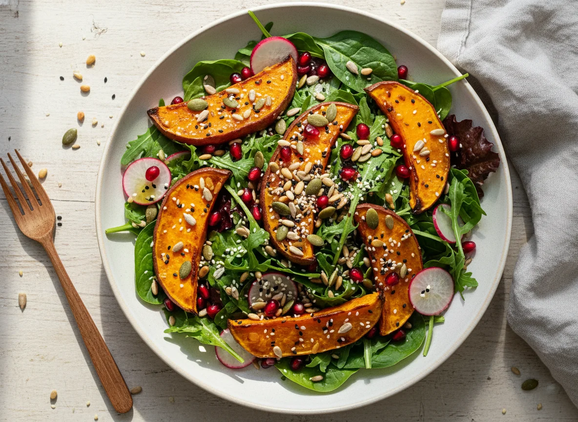 Salat mit Süßkartoffel, Granatapfel und Kernen photo