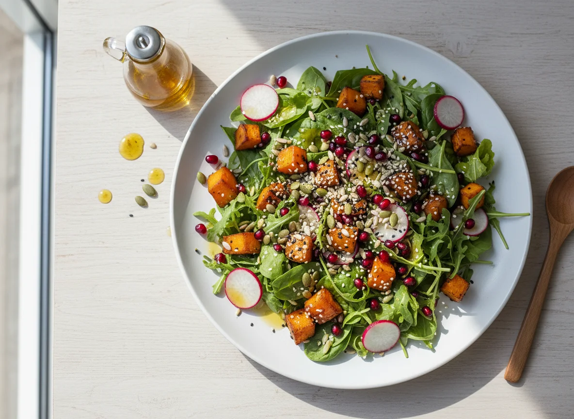 Salat mit Süßkartoffel und Kernen photo