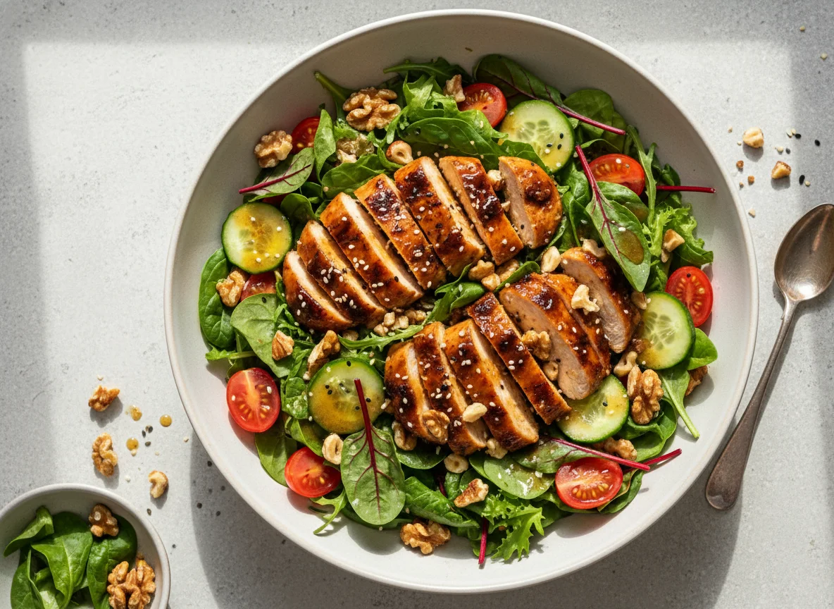 Salat mit Teriyaki-Hähnchen und Nüssen photo