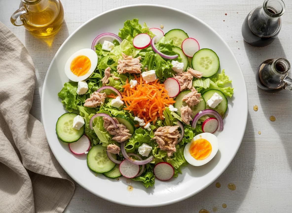 Salat mit Thunfisch, Ei und Feta photo