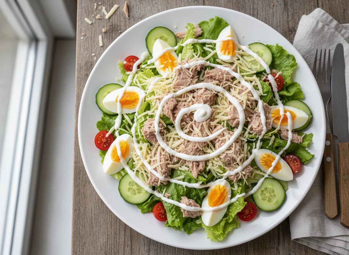 Salat mit Thunfisch, Käse und Ei photo